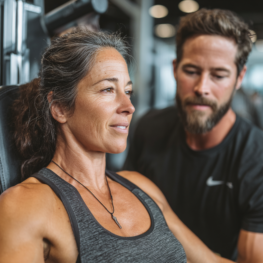 Mujer de 52 años entrenando con entrenador personal en sesión individualizada en brenzolath