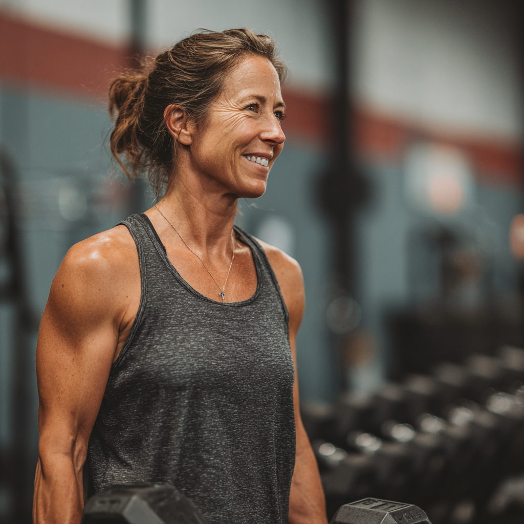 Mujer de 55 años sonriendo después de entrenar con pesas ligeras en el gimnasio brenzolath