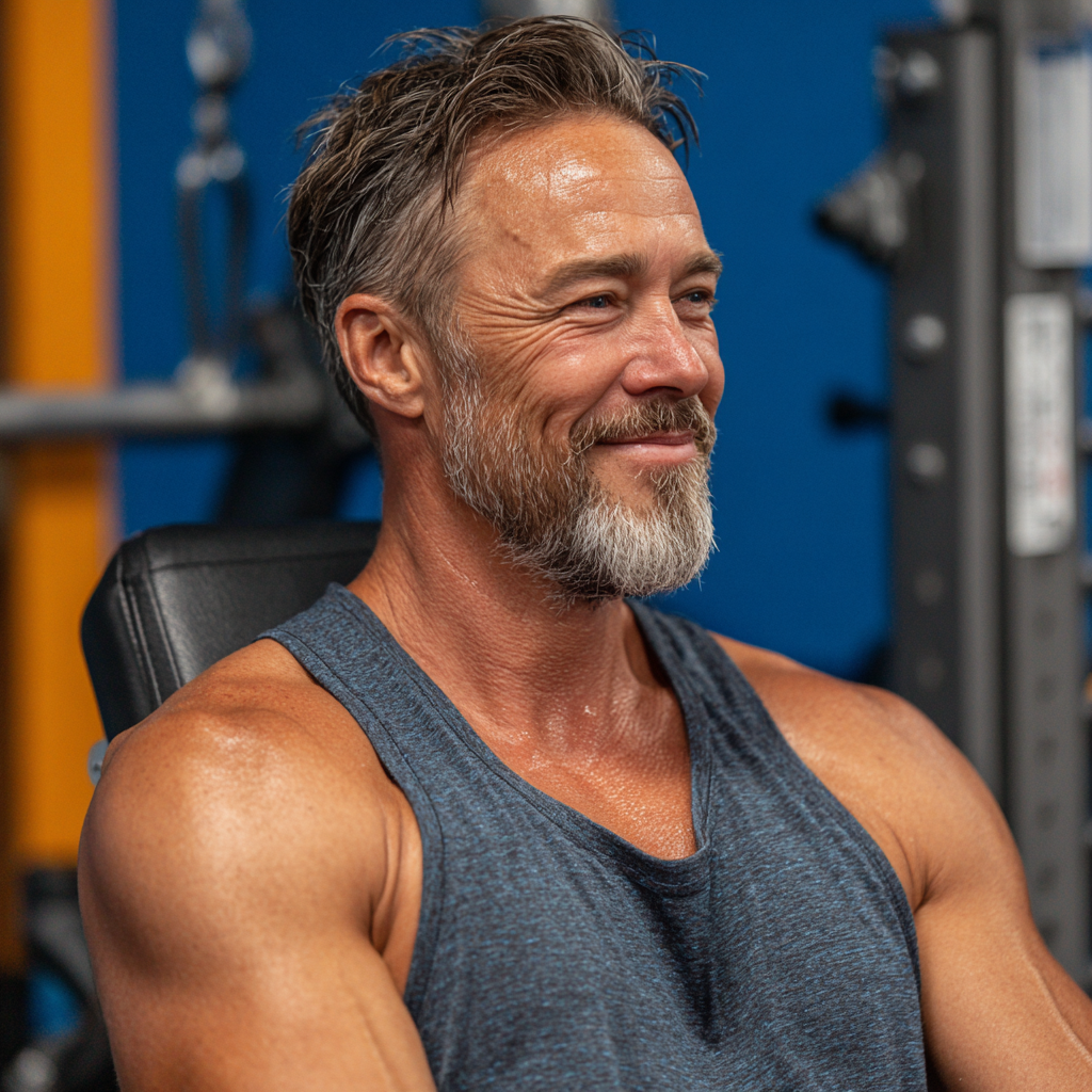 Hombre de 58 años realizando ejercicios funcionales con sonrisa de satisfacción en el gimnasio brenzolath