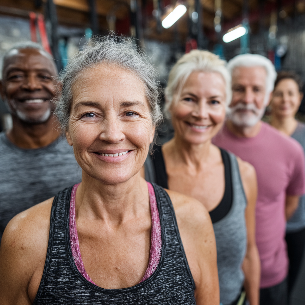 Grupo de adultos mayores de 50-60 años sonriendo después de entrenar juntos en brenzolath, mostrando satisfacción y compañerismo